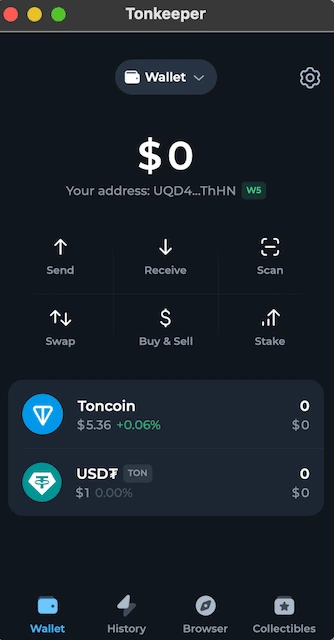 Tonkeeper Wallet interface showing Toncoin and USD assets, used to buy, sell, or trade Toncoin.