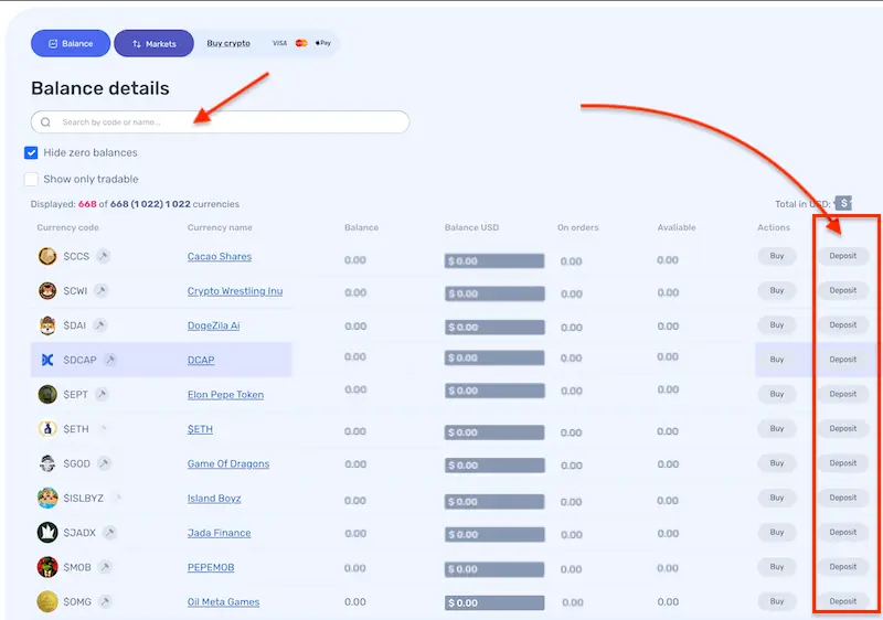 Balance page on Tokpie