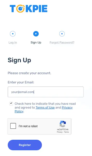 Signing up Tokpie exchange