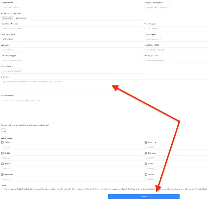 coincarp's form for adding a currency