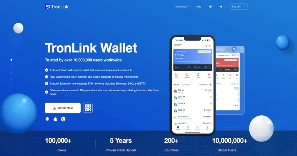 A promotional TronLink Wallet graphic with a teal-blue gradient background, a smartphone mockup showing the TronLink interface, and feature highlights such as security, TRON network support, cross-chain capability, and over 10 million users worldwide.