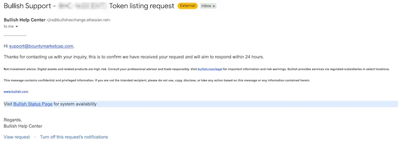 reply from Bullish exchange — crypto exchange listing fees guide