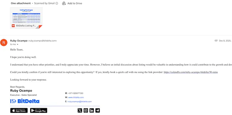 email reply from BitDelta — crypto exchange listing fees guide