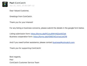 Reply from CoinCatch CEX — crypto exchange listing fees guide