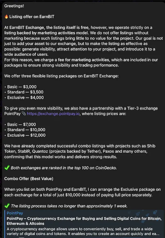 EarnBIT's telegram contact — crypto exchange listing fees guide