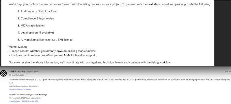 email reply from LCX CEX — crypto exchange listing fees guide