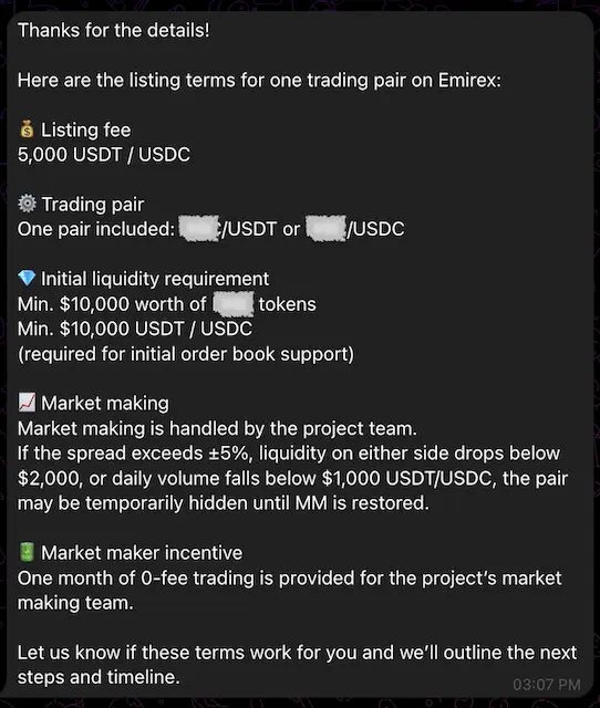 Emirex CEX reply with token listing conditions — crypto exchange listing fees guide