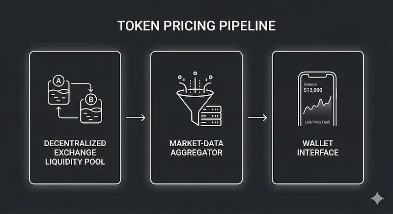 A flowchart showing the Exodus wallet token listing requirements for live pricing and data aggregation.