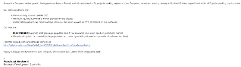 Kanga's reply about token listing — crypto exchange listing fees guide