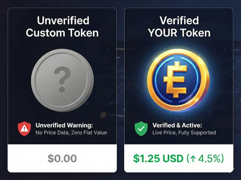 Comparison between an unverified custom token no price Exodus and a fully supported verified token with logo.