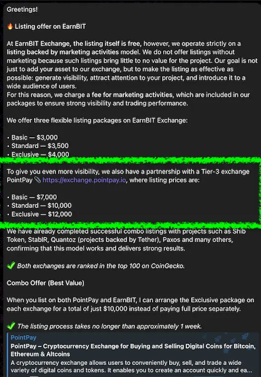Pointpay's telegram contact — crypto exchange listing fees guide