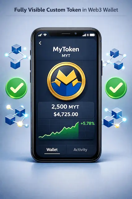 3D illustration of a fully integrated custom token displaying its logo and live price inside a digital wallet interface.