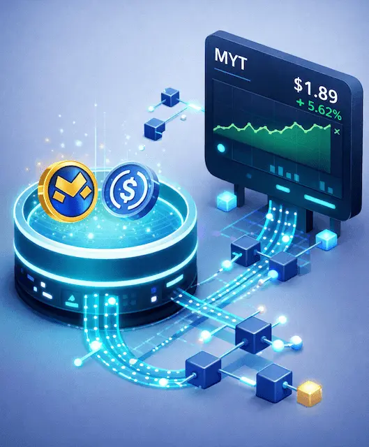 Isometric 3D illustration of a liquidity pool generating live market price data for a custom token.