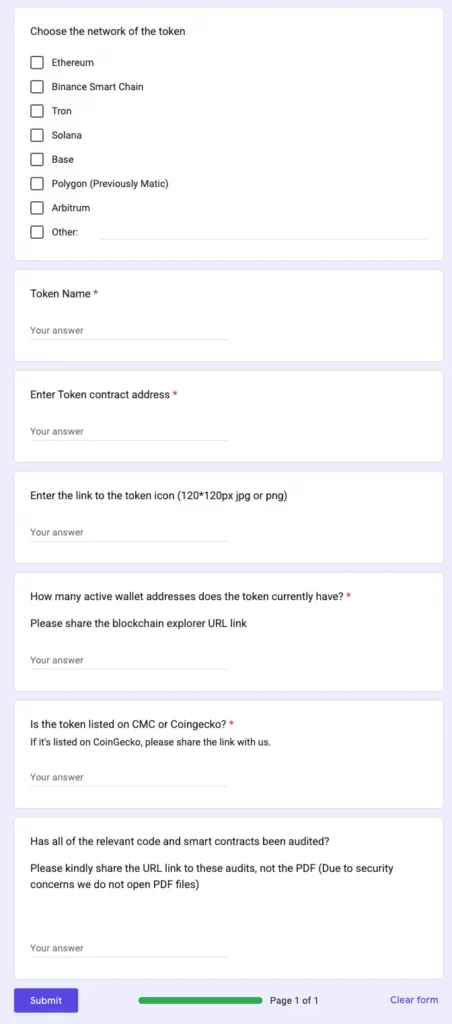a token submission form on SafePal
