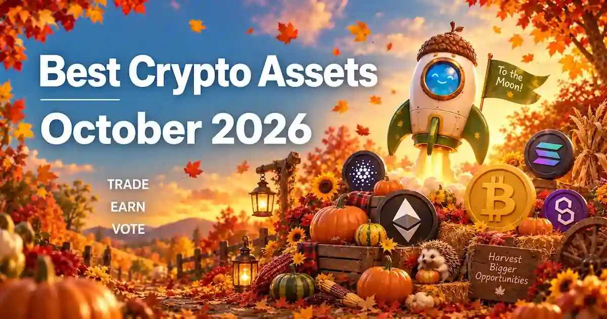 Top Crypto Assets October 2026 banner with a rocket, cryptocurrency symbols, and autumn pumpkins